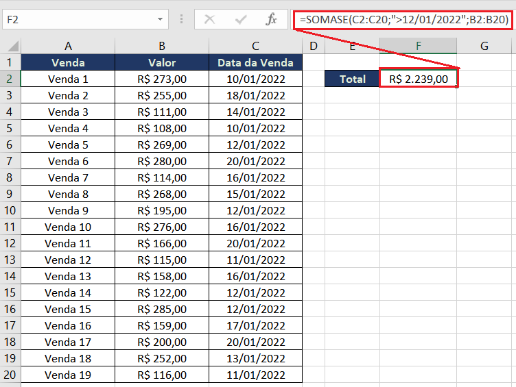 Somar valores maiores que determinada data no Excel