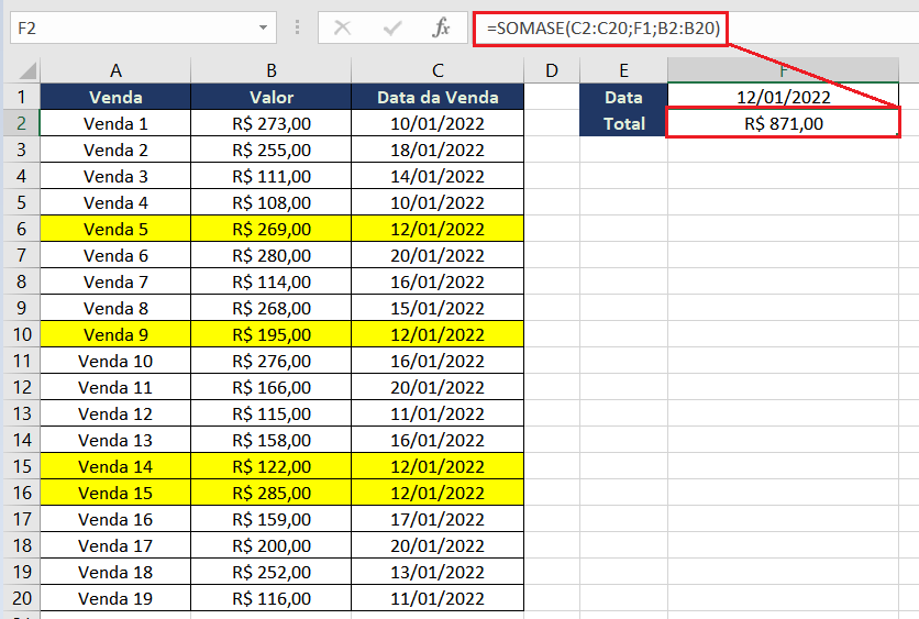 Como somar valores com critério de data no Excel