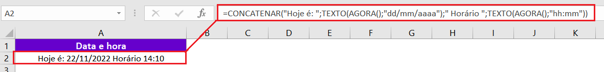 Concatenar texto com data e hora no Excel