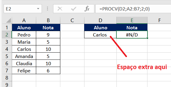 fórmula procv com erro N/D