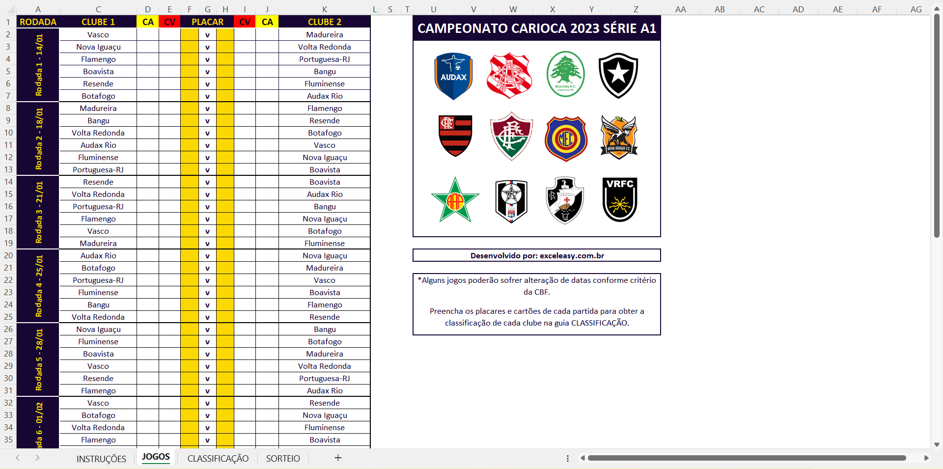 Como funciona a Tabela do Campeonato Carioca 2023 no Excel