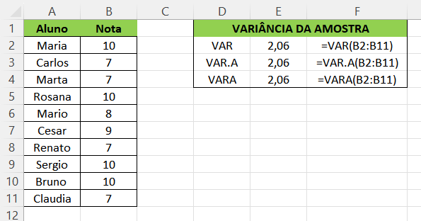 exemplo de cálculo de variância no Excel