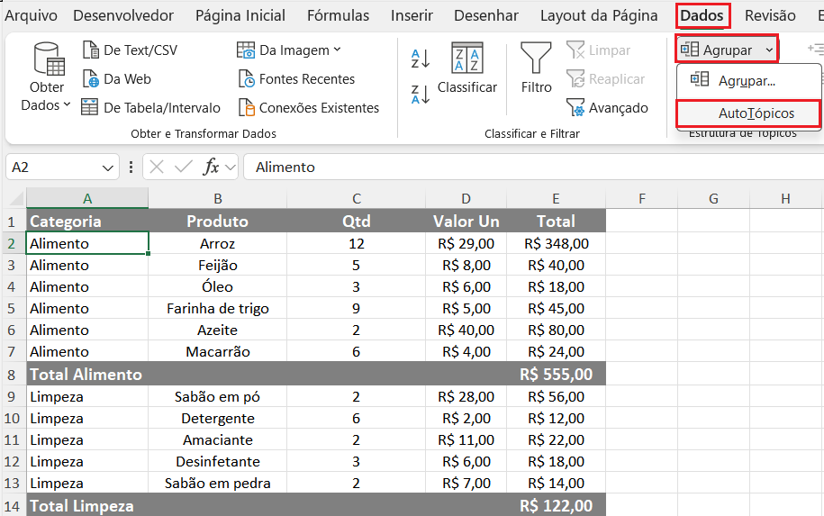 Agrupar dados automaticamente no Excel
