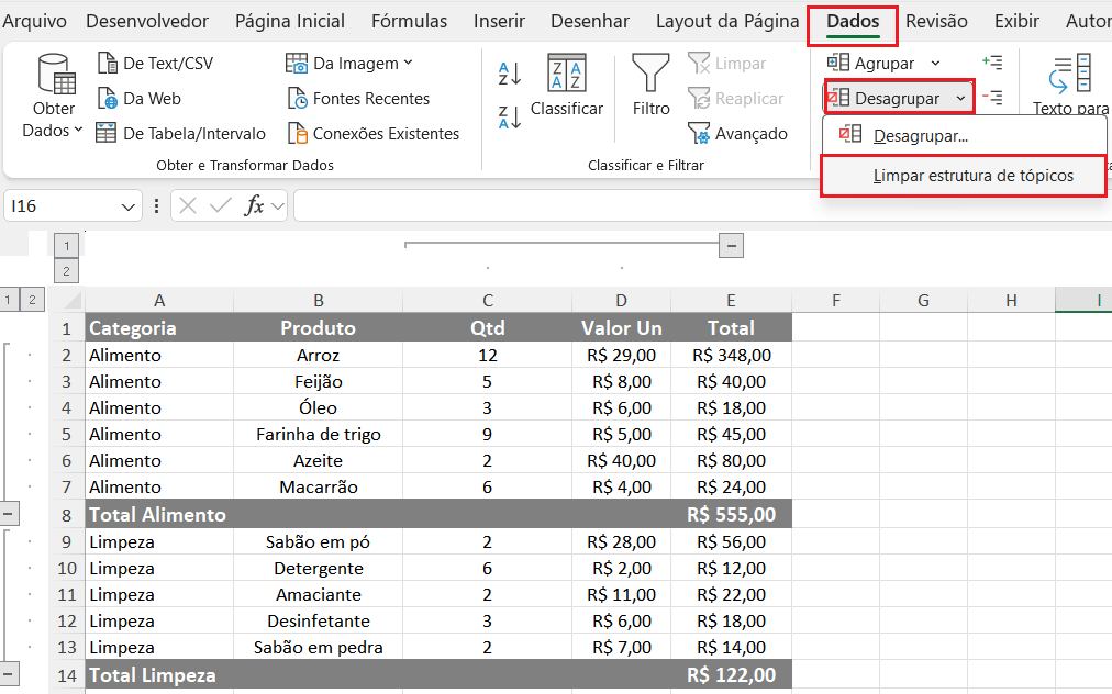 Remover agrupamento Excel
