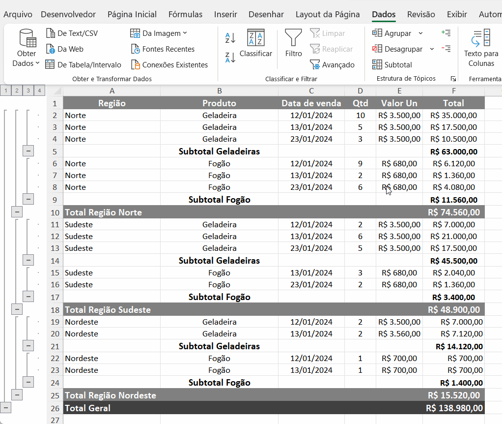 Agrupar Linhas Excel 