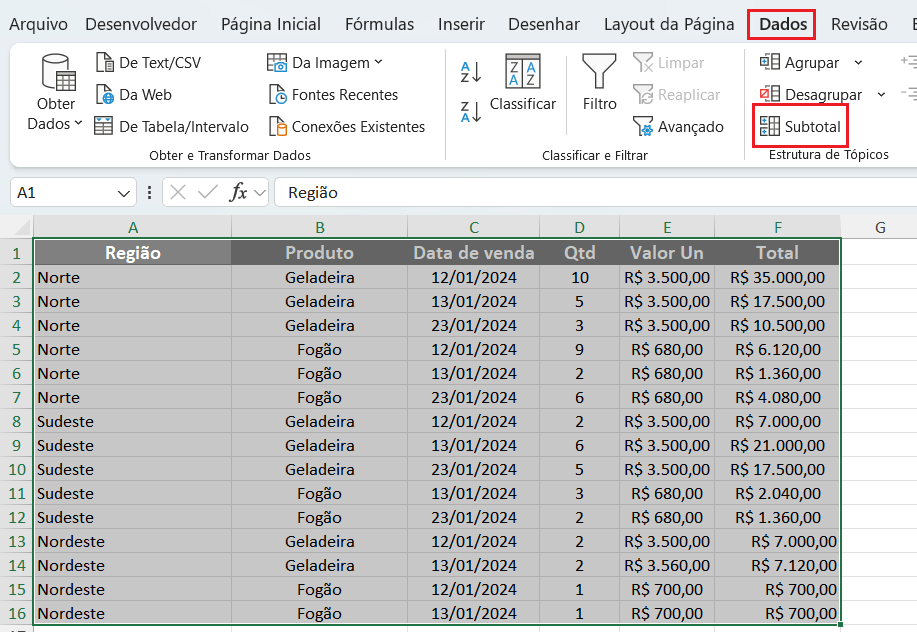 Como inserir o Subtotal no Excel