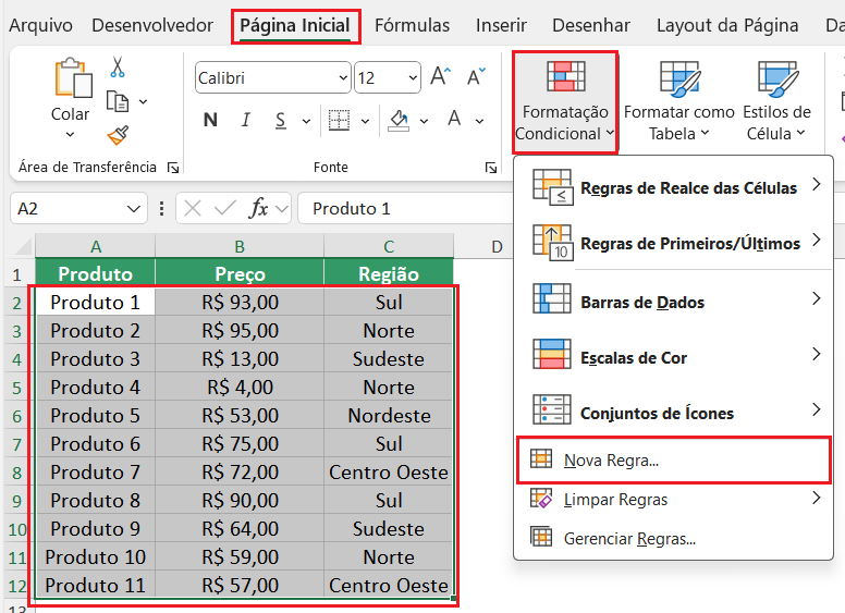 Formatação condicional no Excel