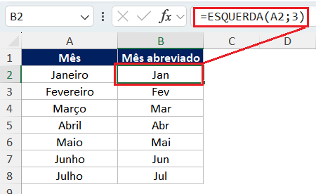 Abreviar palavras no Excel com a função ESQUERDA