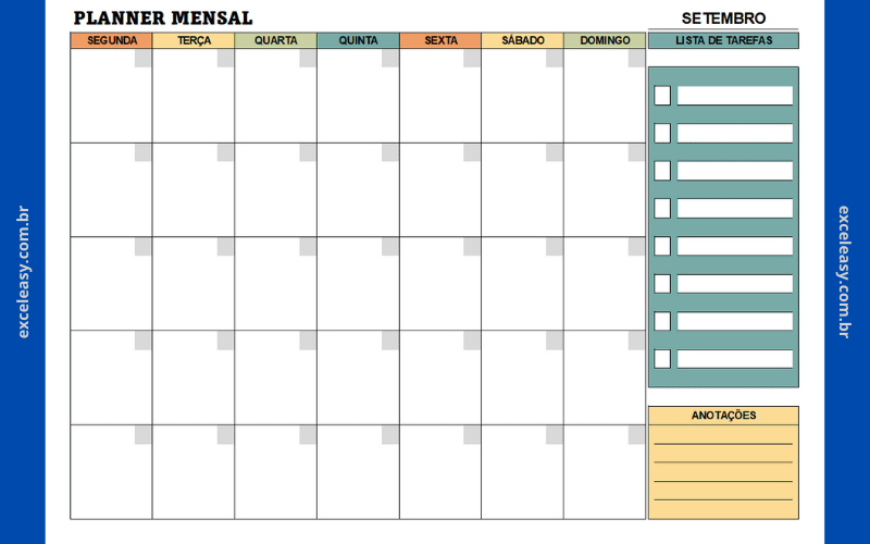 Planner Mensal com Lista de Tarefas e Anotações