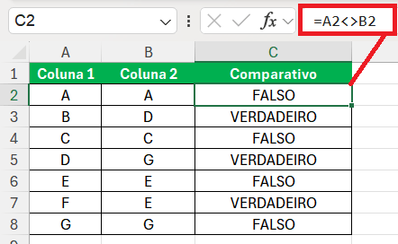 Comparar colunas com sinal de Diferente