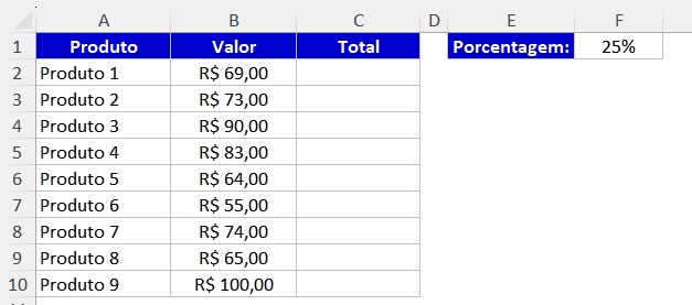 somar porcentagem no excel formula