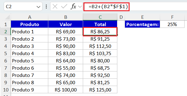 Como somar porcentagem no Excel