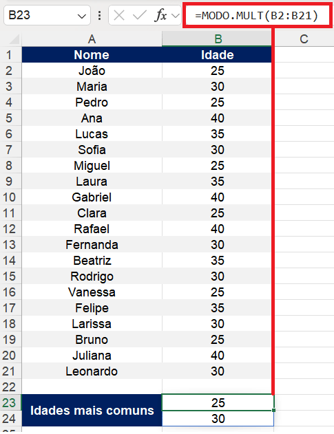 Moda no Excel com a função MODO.MULT