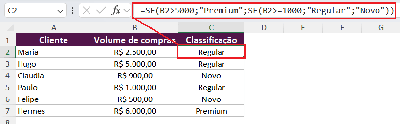 função se aninhada no excel