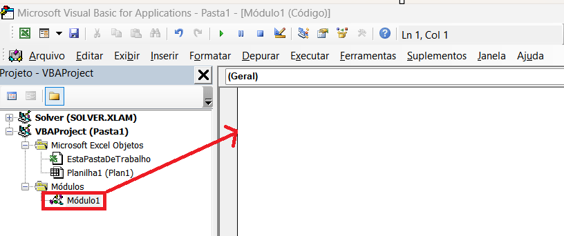 Tela mostrando onde inserir o código dentro do módulo VBA