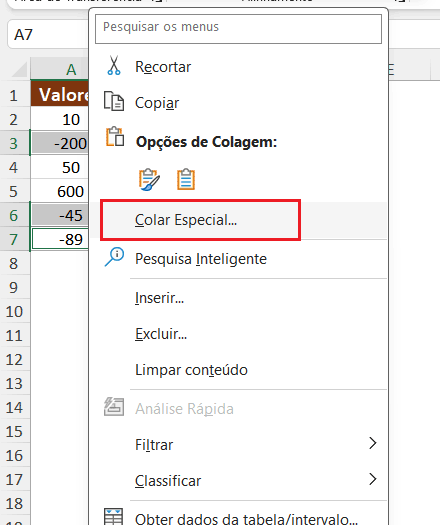 Colar especial valor negativo no excel