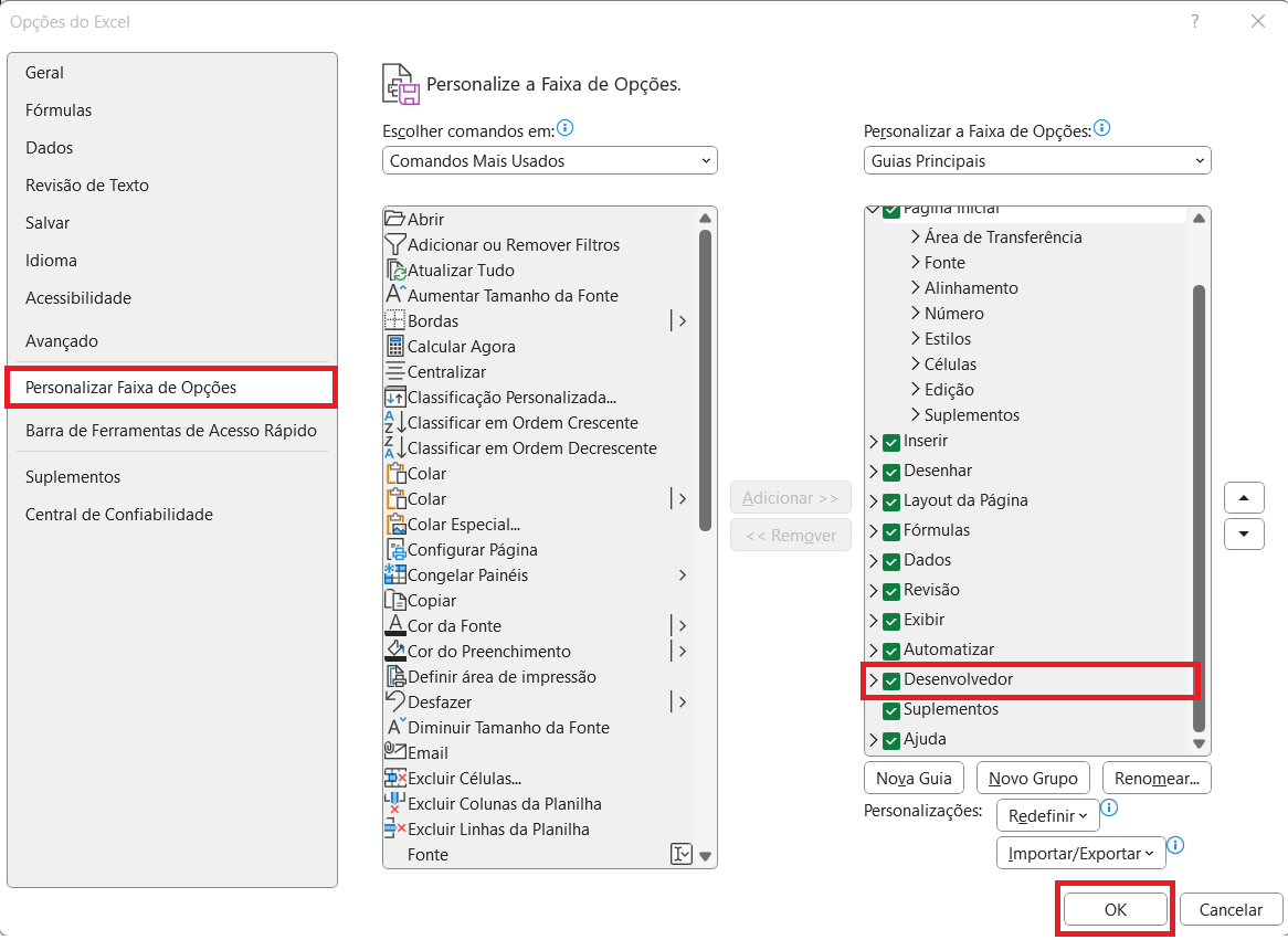 Tela mostrando como exibir a guia Desenvolvedor no Excel