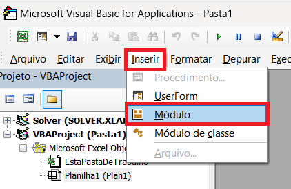 Tela mostrando como criar um módulo no VBA no Excel