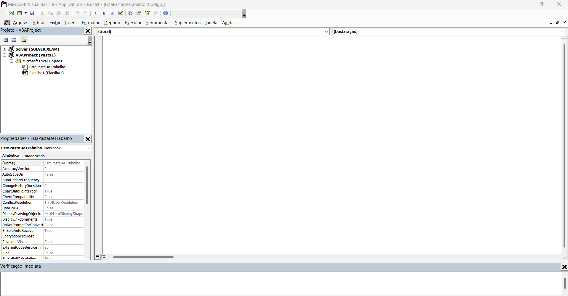 Tela do Excel exibindo o editor VBA aberto e pronto para uso