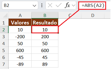 como transformar números negativos em positivos no excel, função ABS