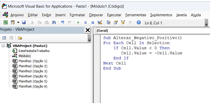 como transformar números negativos em positivos no excel, vba