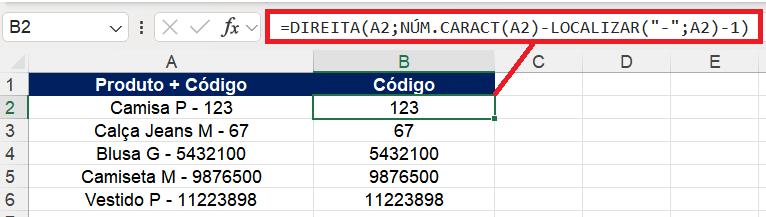 Função DIREITA com LOCALIZAR para extrair dado específico