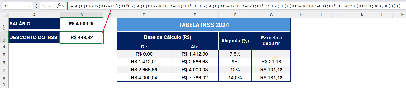 Exemplo de fórmula SE para cálculo de INSS no Excel