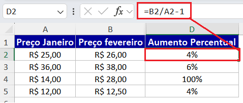 como calcular taxa percentual de aumento