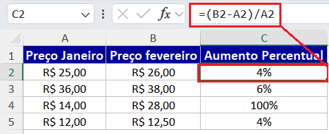 como calcular aumento percentual