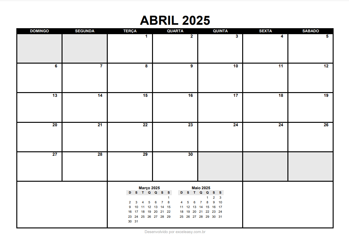 Calendário Abril 2025 (Excel e PDF)