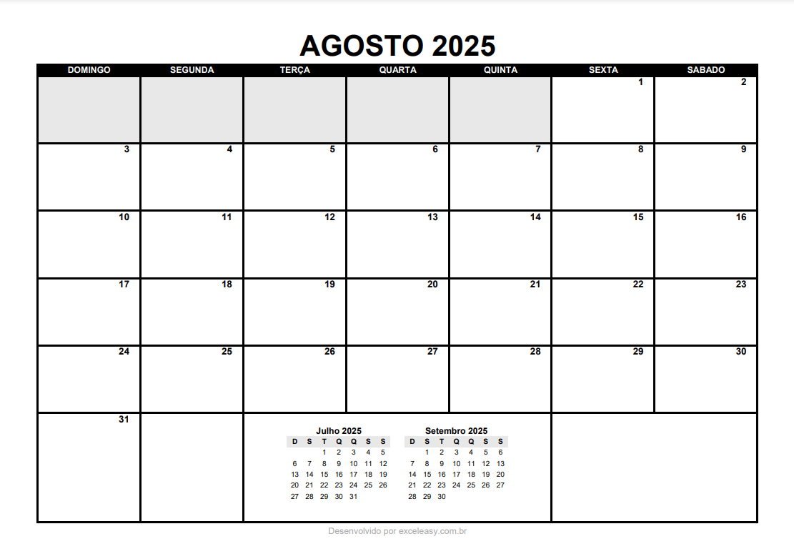 Baixar Calendário Agosto 2025 para imprimir