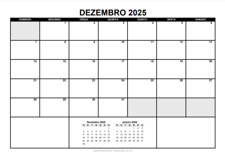 Calendário 2025 Para Imprimir | Baixe Grátis - Excel Easy