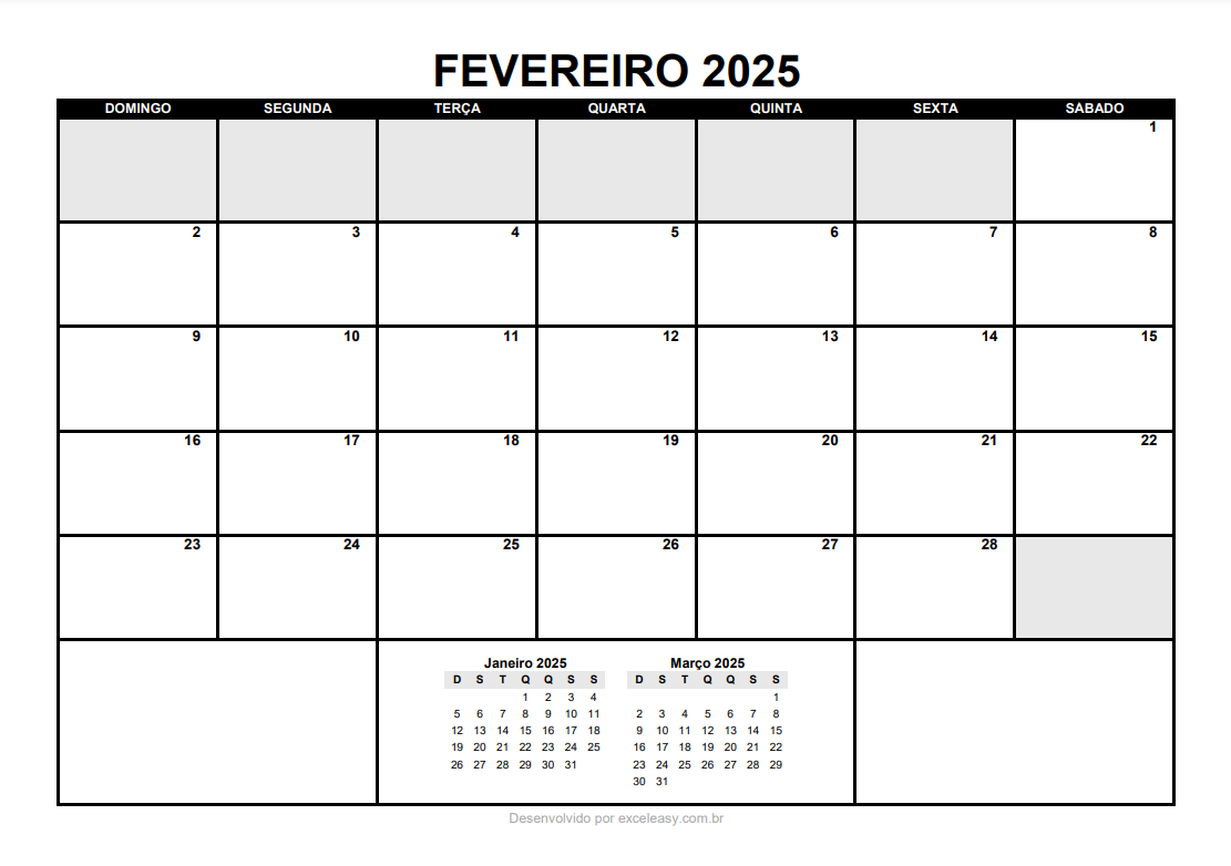 Calendário Fevereiro 2025 (Excel e PDF)