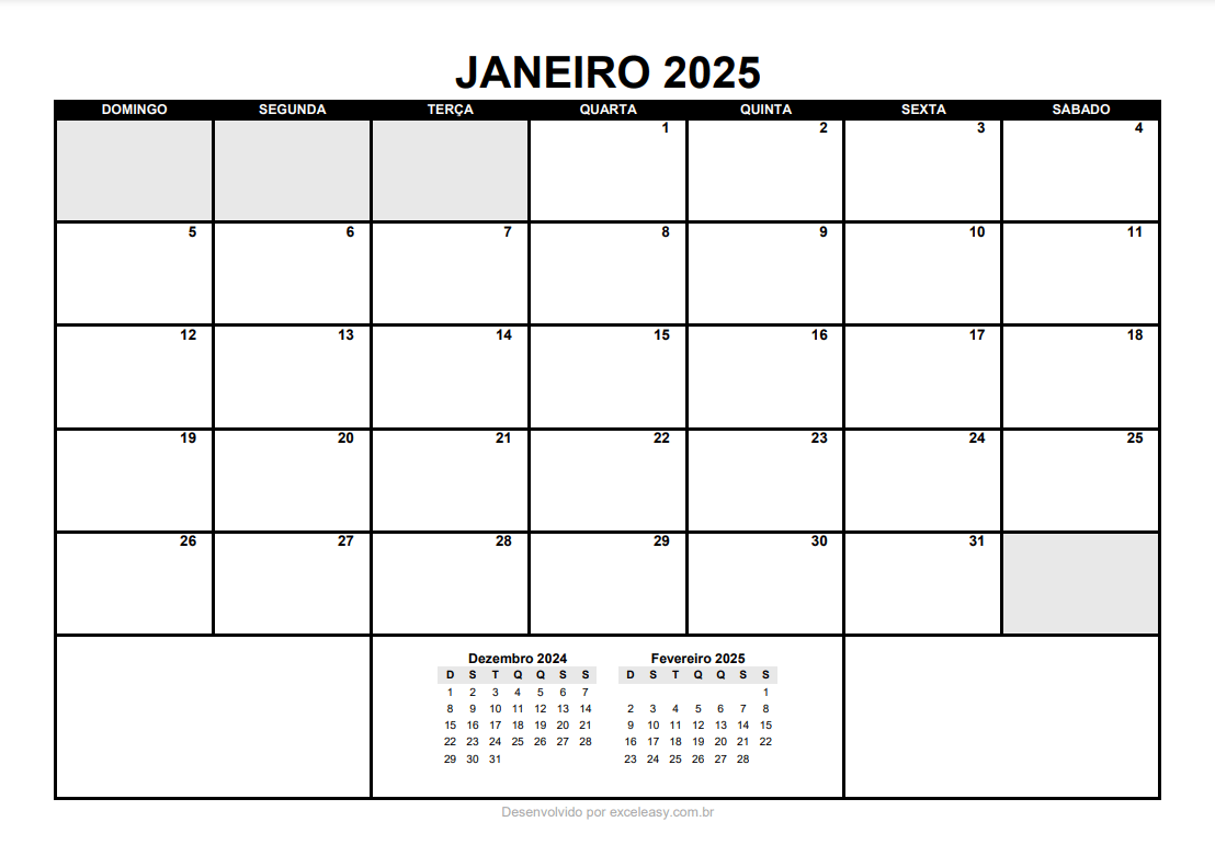 Calendário Janeiro 2025