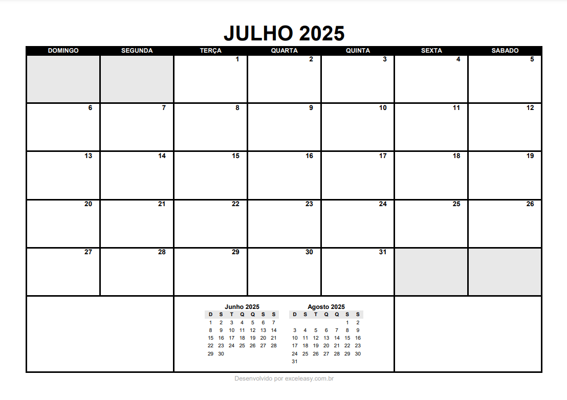 Modelo de Calendário Julho 2025 para imprimir