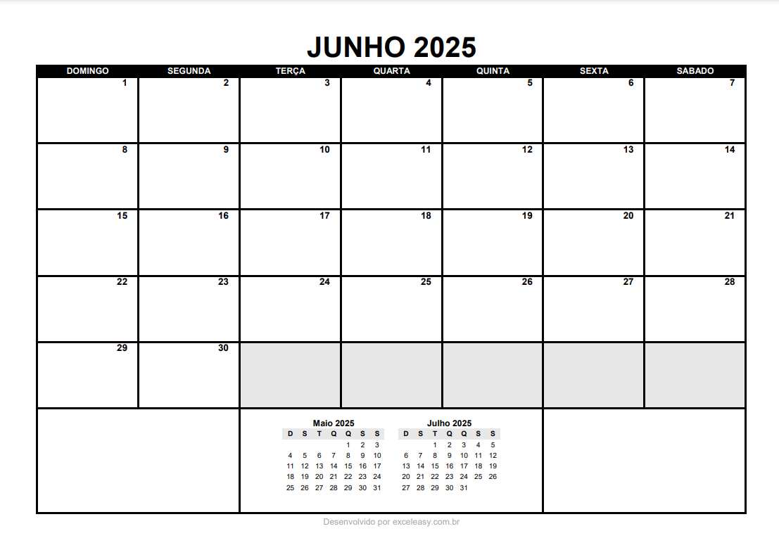 Modelo Calendário Junho 2025