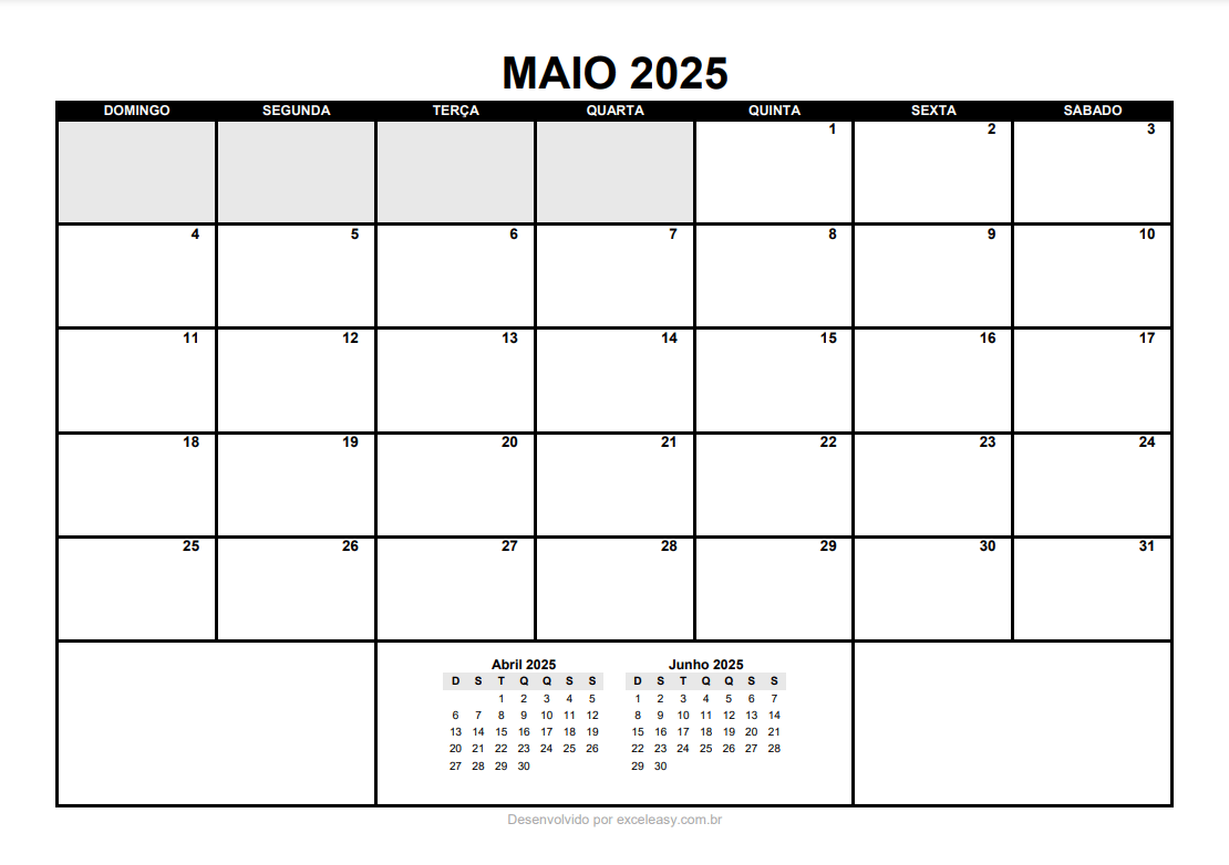 Calendário Maio 2025