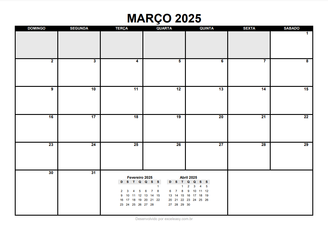 Modelo Calendário Março 2025 para Imprimir