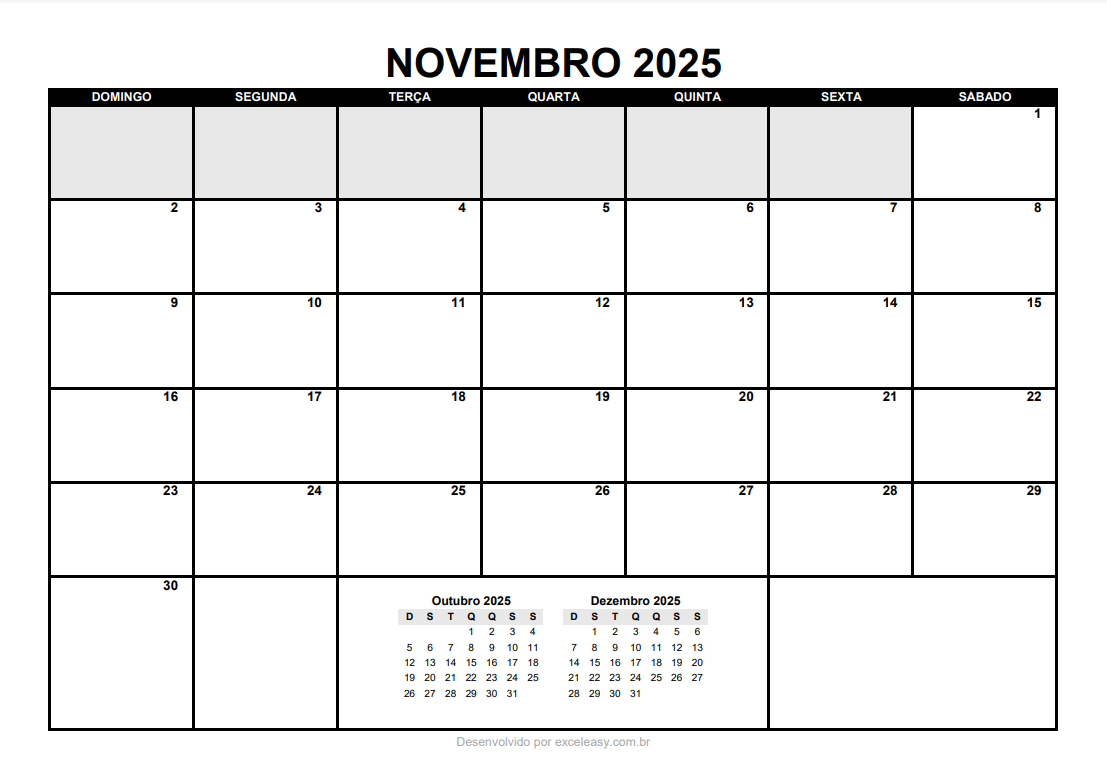 Modelo de Calendário Novembro 2025 para imprimir