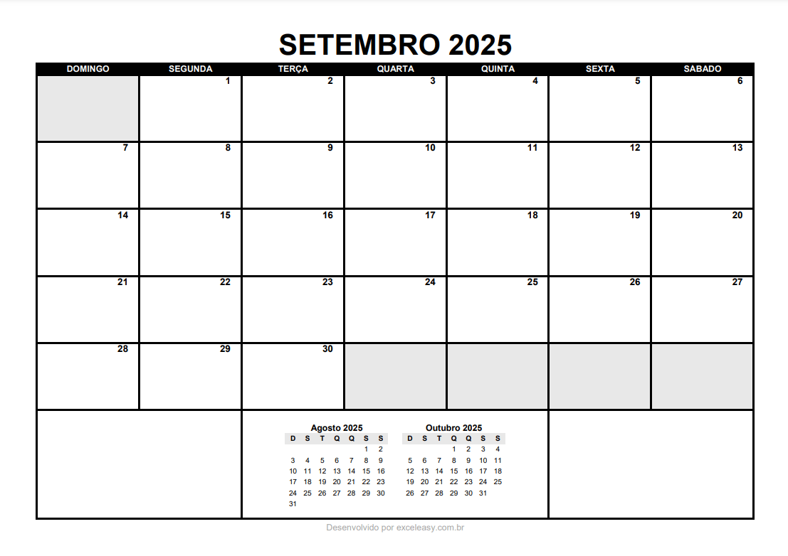 Calendário Setembro 2025 em PDF