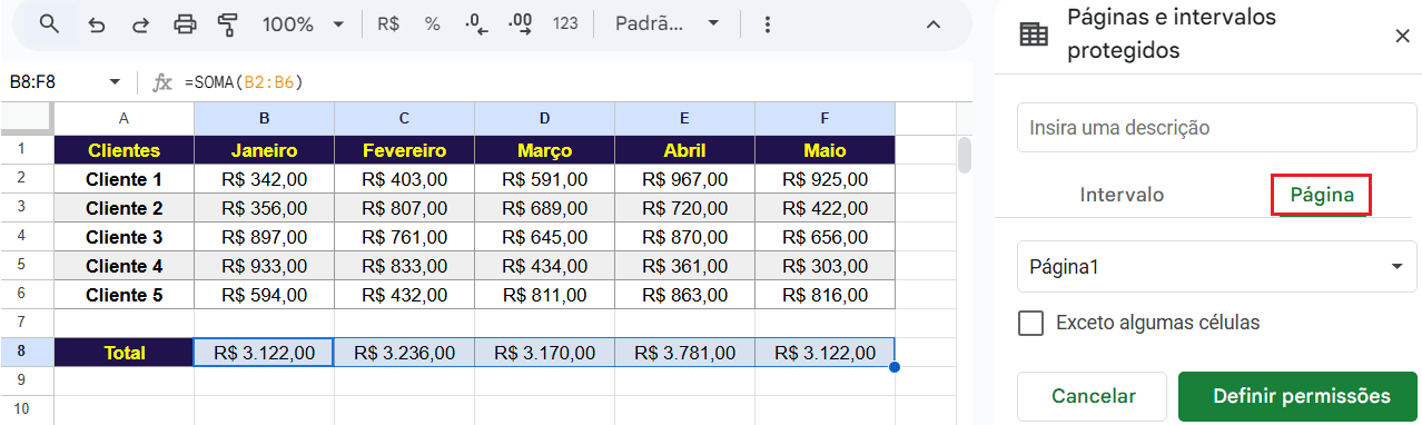 bloquear planilha inteira de planilha do google