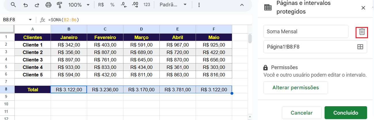 remover proteção células no google planilhas