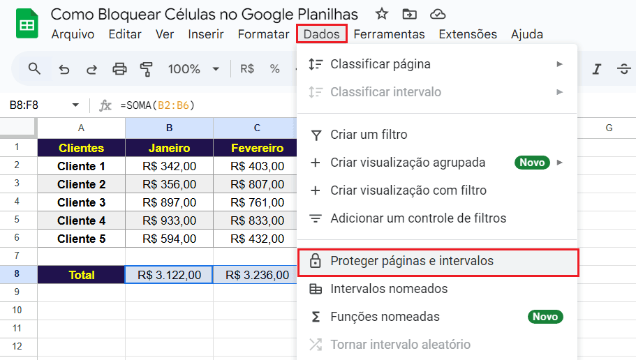 proteger Proteger Páginas e intervalos de planilhas