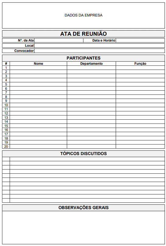 Modelo de ata de reunião empresarial com campos para dados da empresa, participantes e tópicos discutidos.