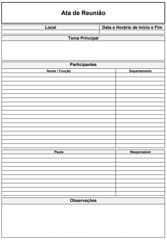 Modelo simples de ata de reunião com espaço para data, participantes e tópicos discutidos.