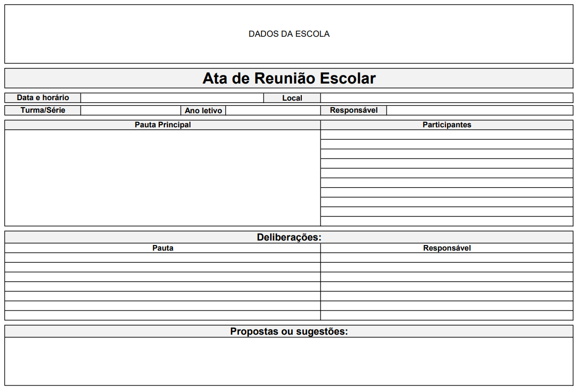 Modelo de ata de reunião escolar com campos para turma, ano letivo e pautas discutidas.