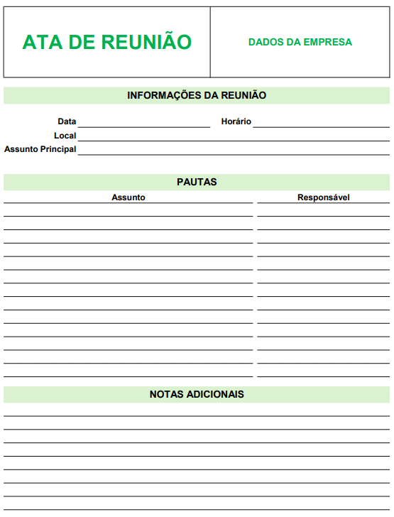 Modelo de ata de reunião com destaque para pautas, responsáveis e notas adicionais.