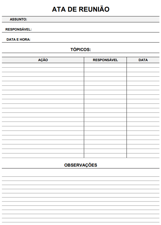 Modelo de ata de reunião que detalha tópicos discutidos, ações e responsáveis