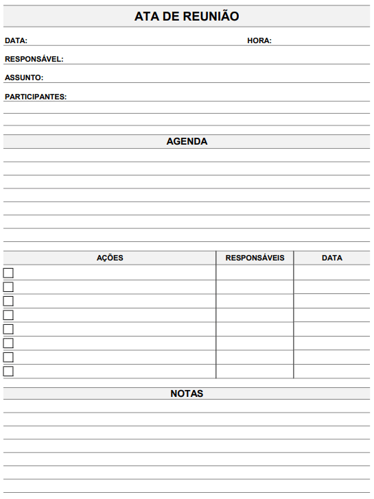 Modelo de ata de reunião com espaço para agenda, notas e ações atribuídas.