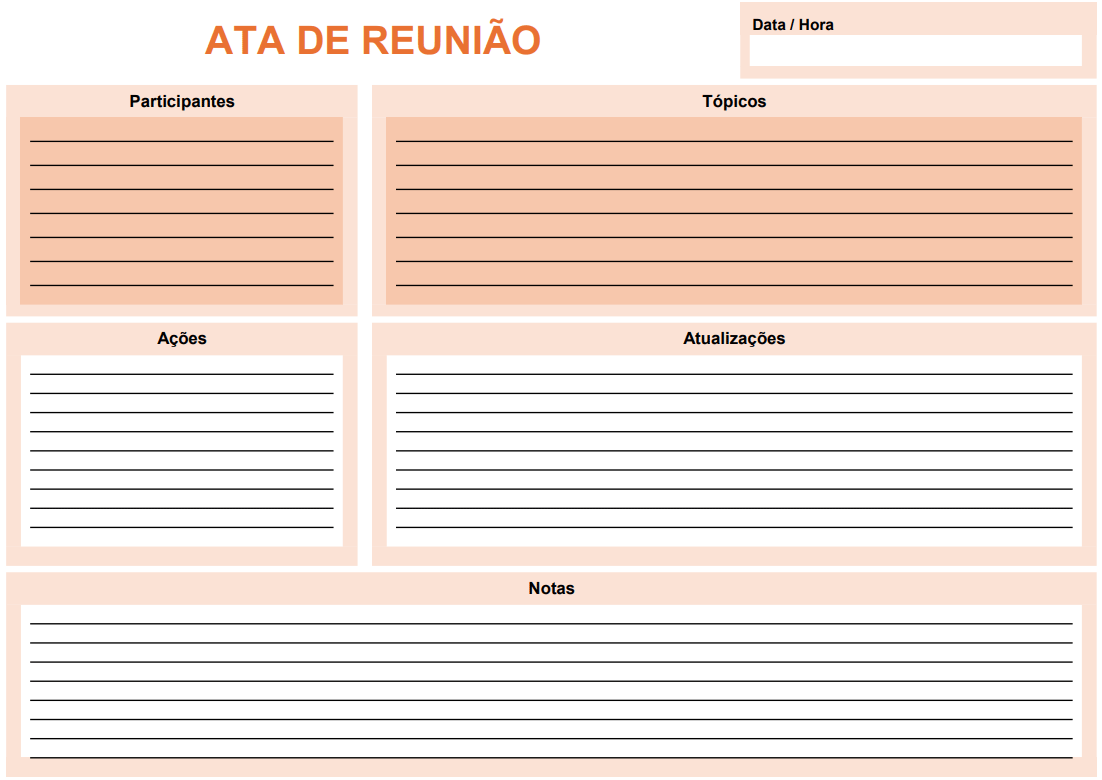 Modelo de ata de reunião com campos para agenda, observações e atribuição de tarefas